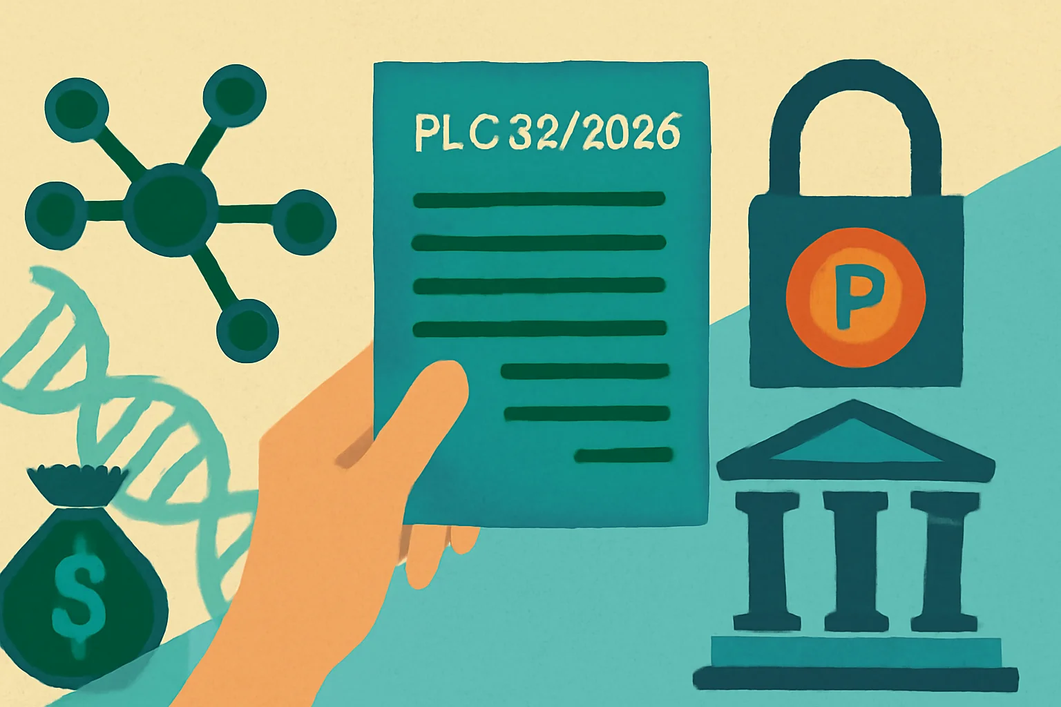 Imagem representando polilaminina PLC 32/2026 e proteção de patentes, destacando o Congresso e o Fundo Nacional