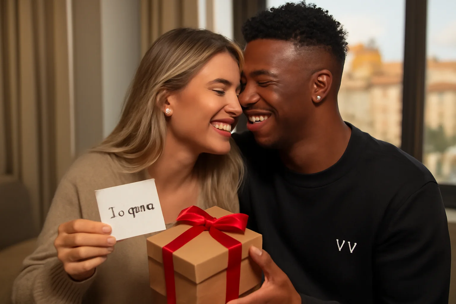 Virgínia Fonseca e Vini Jr. se reencontrando na Espanha com presente e bilhete manuscrito, momento fofo e romântico