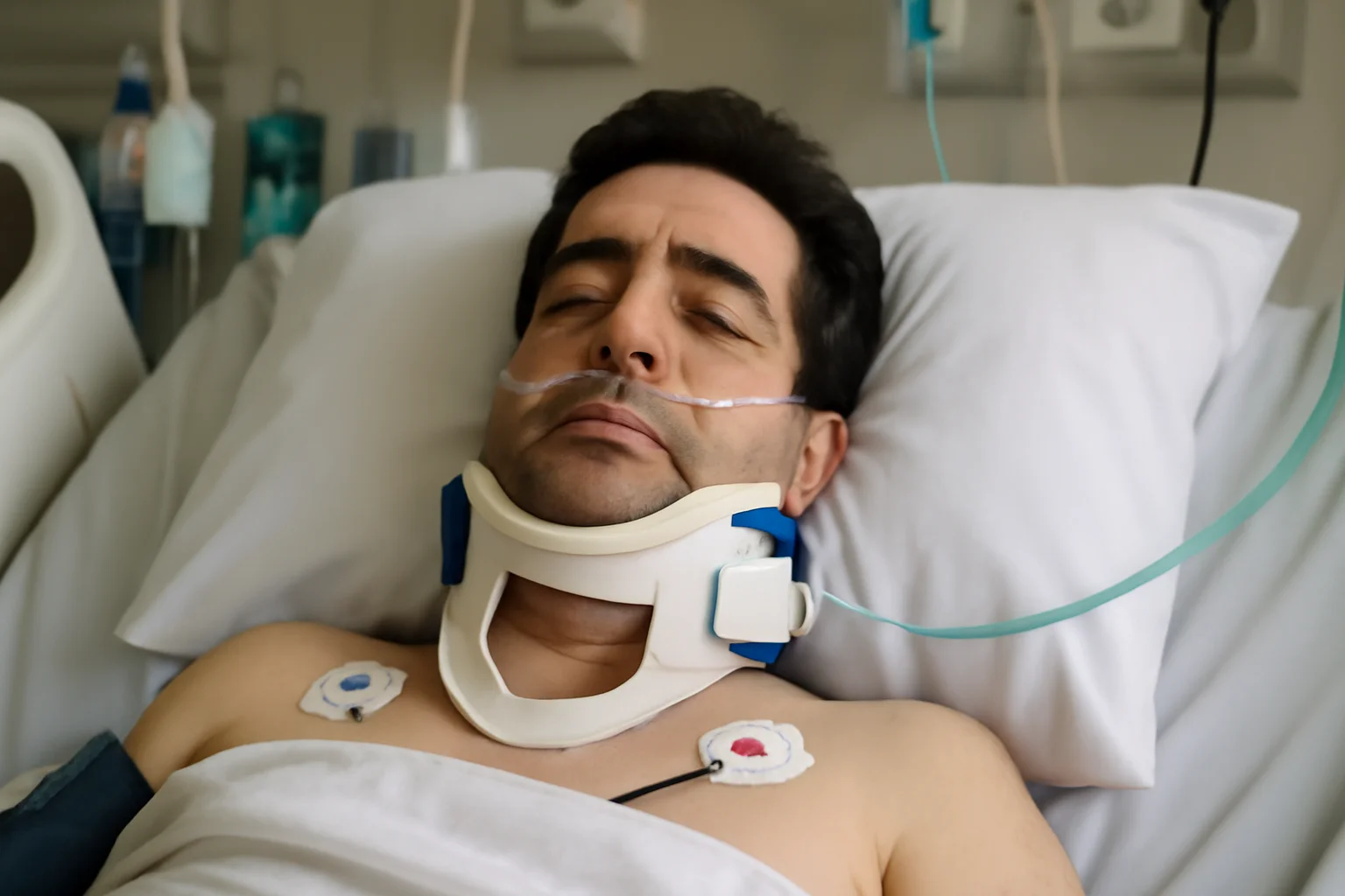 Imagem representando Marquito respirando sem aparelhos após cirurgia na coluna cervical, hospital e notícias relacionadas ao acidente de moto
