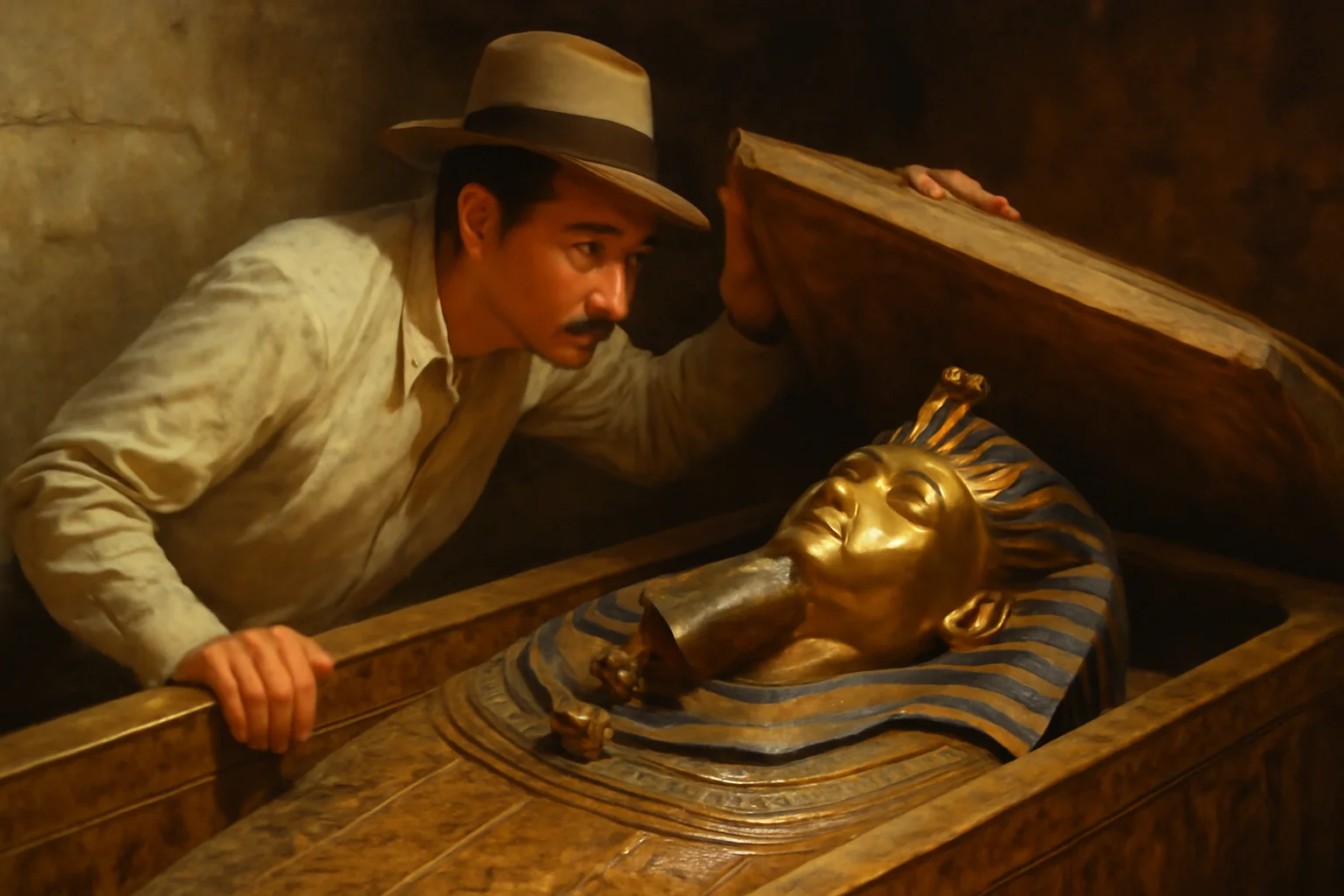 Imagem representando a descoberta da tumba de Tutancâmon por Howard Carter, com o momento do sarcófago aberto e a máscara dourada.