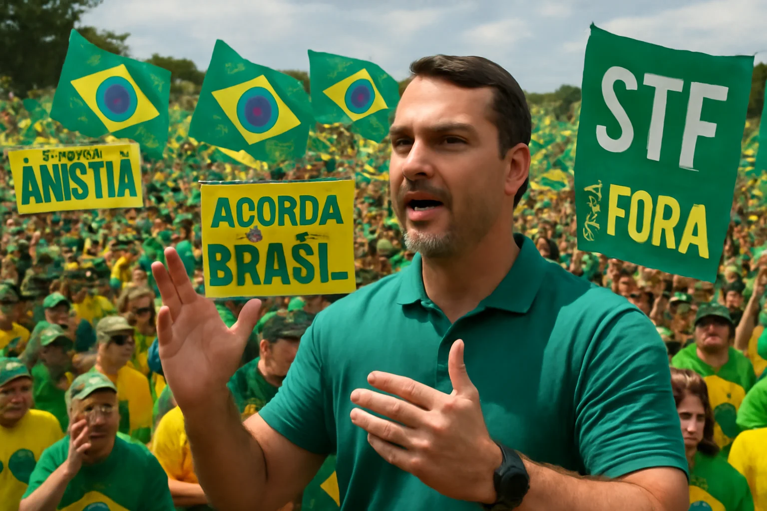 Imagem representando o movimento Acorda Brasil reunindo milhares em oito capitais, pressionando o STF e apoiando Flávio Bolsonaro em 2026