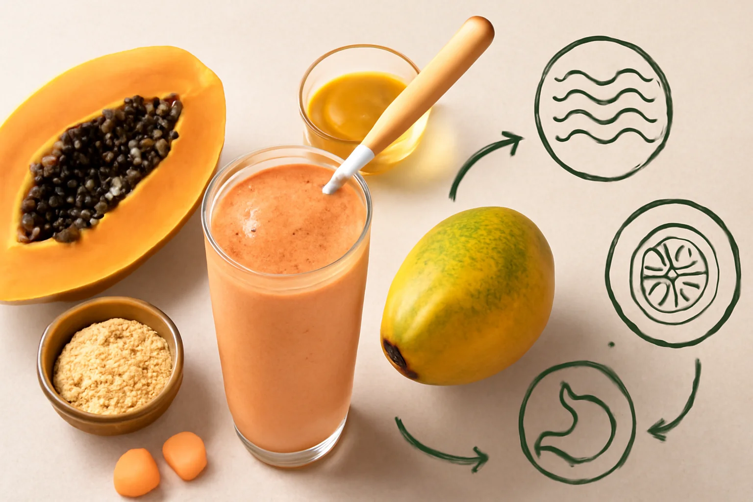 Imagem de capa horizontal 16:9 mostrando uma vitamina de mamão saudável, com ênfase em manter fibras, vitaminas e enzimas, evitando calorias extras.