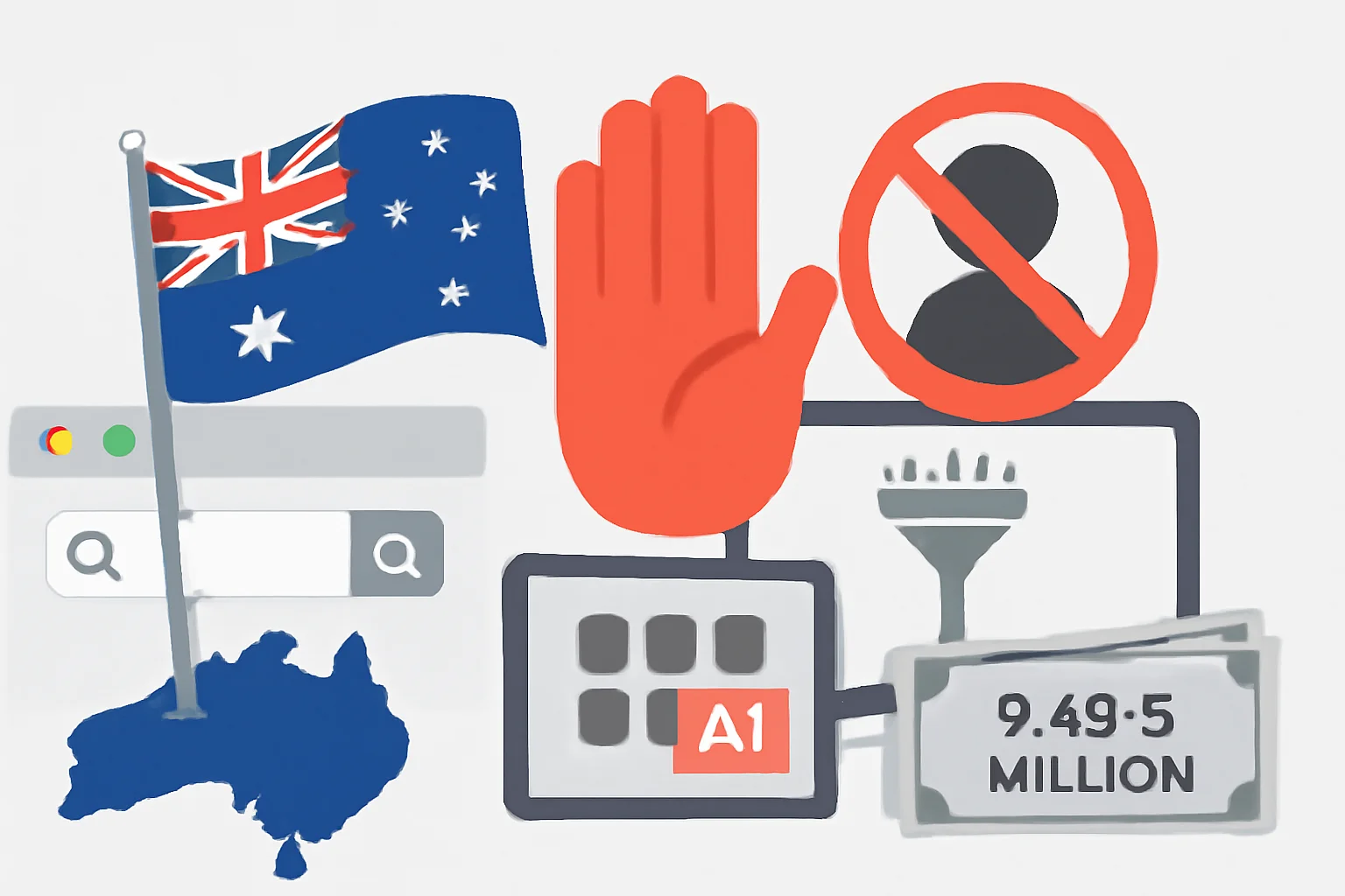 Capa horizontal 16:9 ilustrando a questão da Austrália pode bloquear serviços de IA sem verificação de idade, com elementos representando multas e filtros.