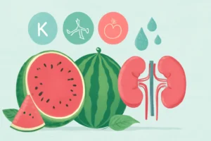 Capa com imagem de melancia em destaque, representando hidratação e saúde dos rins, destacando benefícios do potássio, citrulina e licopeno.
