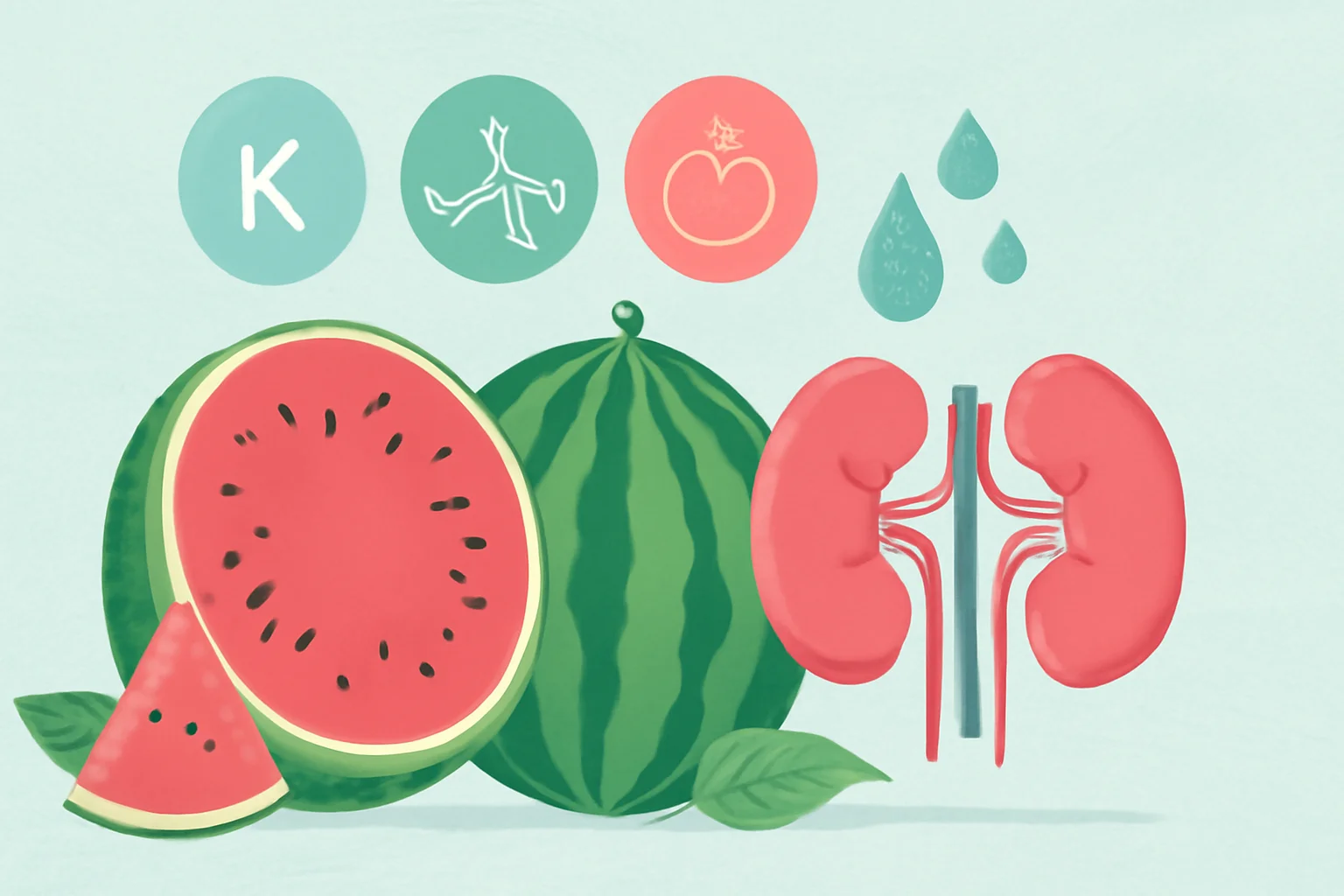 Capa com imagem de melancia em destaque, representando hidratação e saúde dos rins, destacando benefícios do potássio, citrulina e licopeno.